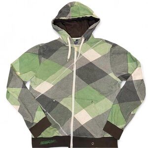 Point Zero Black Label Men's Green Plaid Argyle Zip Up Hoodie Size M